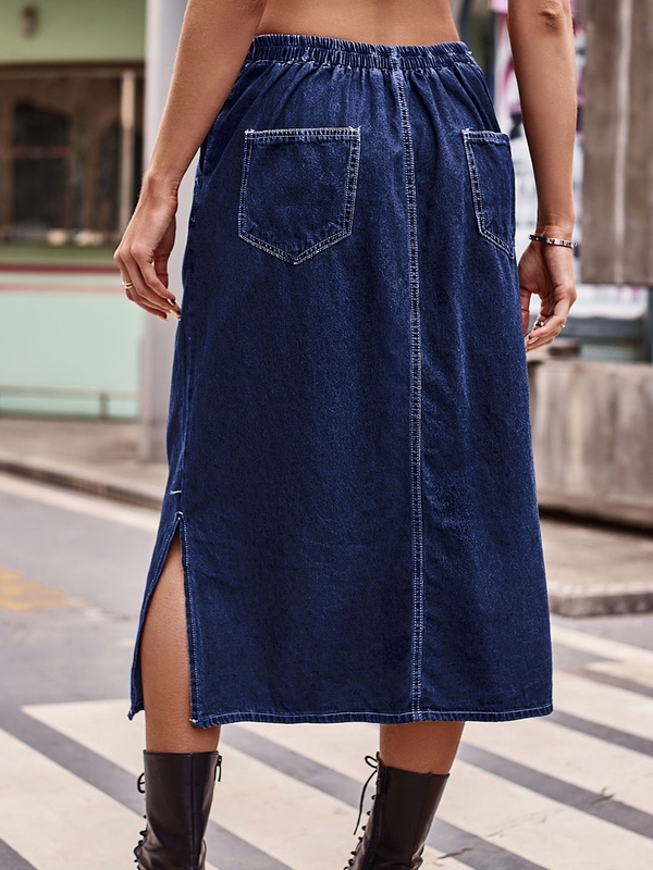 Elasticated Waist Drawstring Denim Midi Skirt