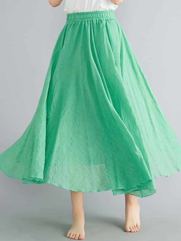 Solid Color Cotton And Linen Elastic Waist Skirt