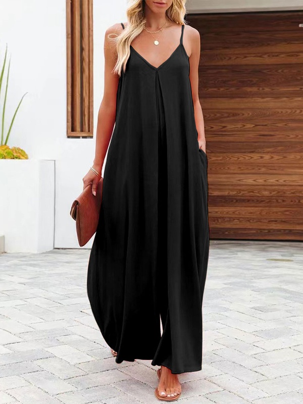 Solid Color Side Pocket Casual Wide leg Suspender Jumpsuit