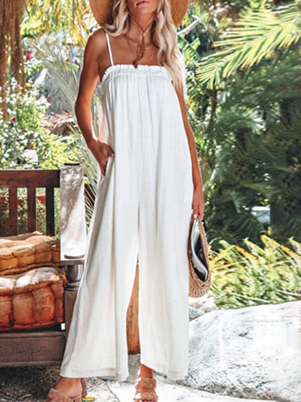 Cotton And Linen Suspenders Wide leg Pants Casual Jumpsuit