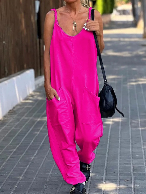 Casual Loose Solid Color Pocket Beach Jumpsuit