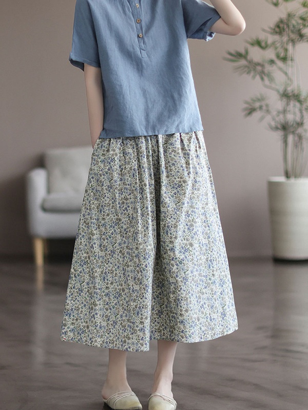 Linen Vintage Loose Floral Print Elastic Waist Skirt