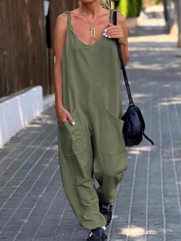 Casual Loose Solid Color Pocket Beach Jumpsuit