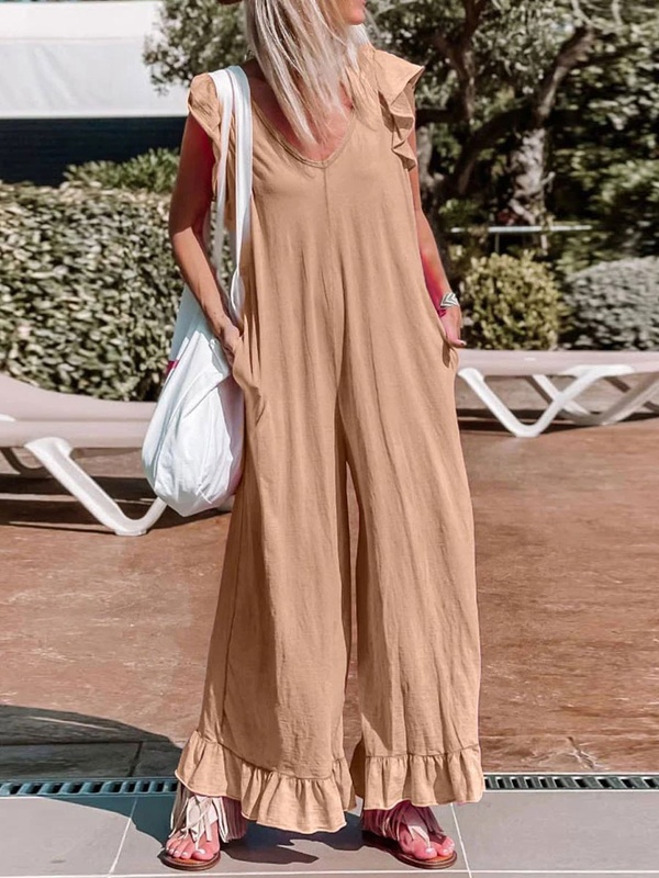 V neck Casual Loose Solid Color Jumpsuit