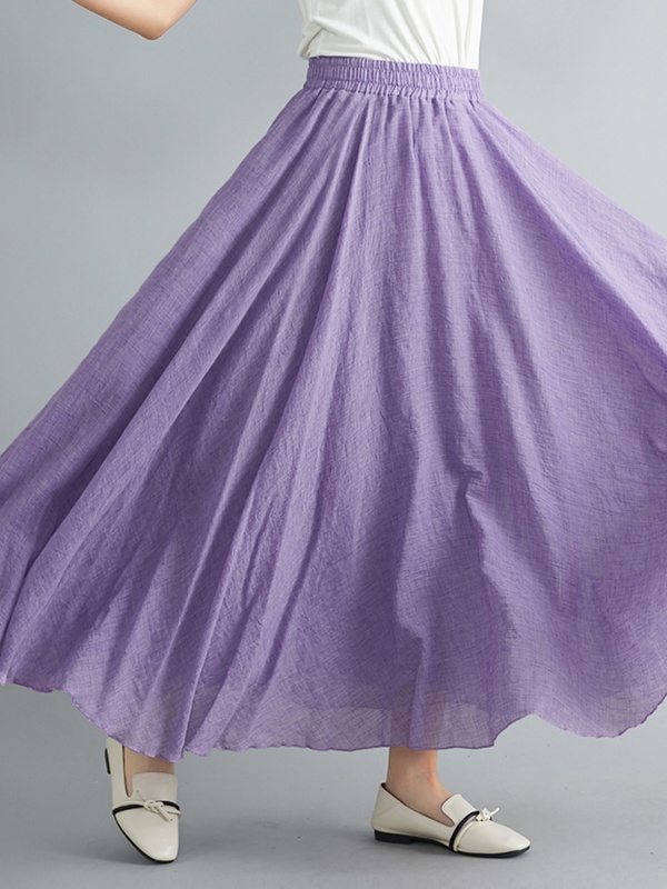 Solid Color Cotton And Linen Elastic Waist Skirt