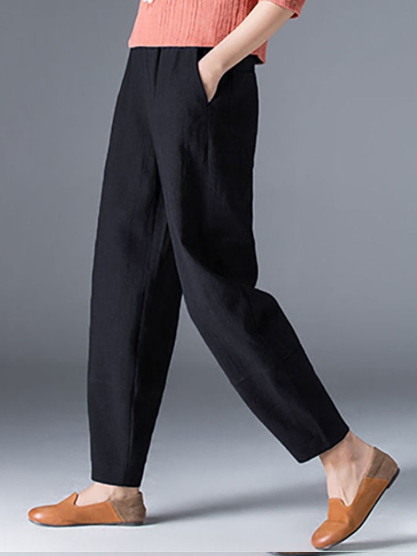 Loose Casual Solid Color Elastic Waist Pants