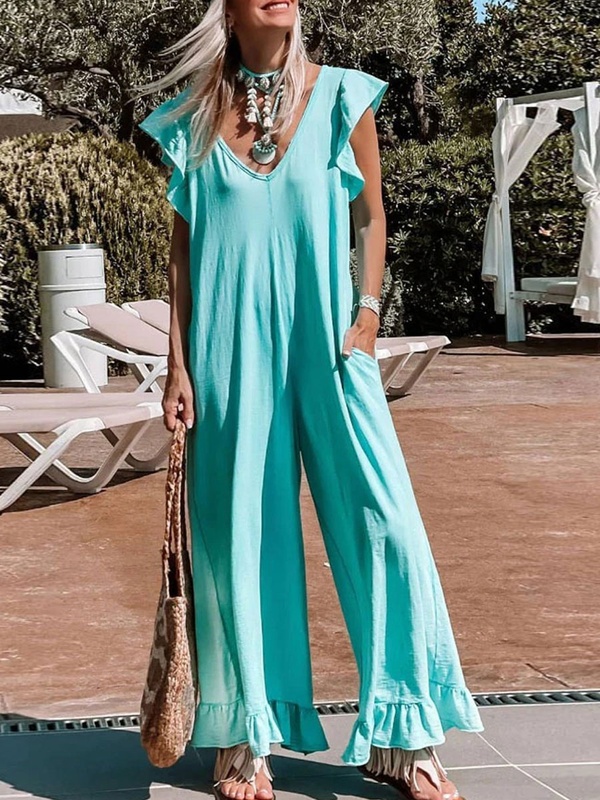 V neck Casual Loose Solid Color Jumpsuit