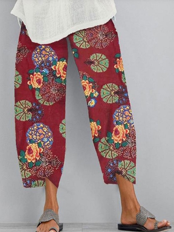 Womens Cotton And Linen Printed Elastic Cropped Pants