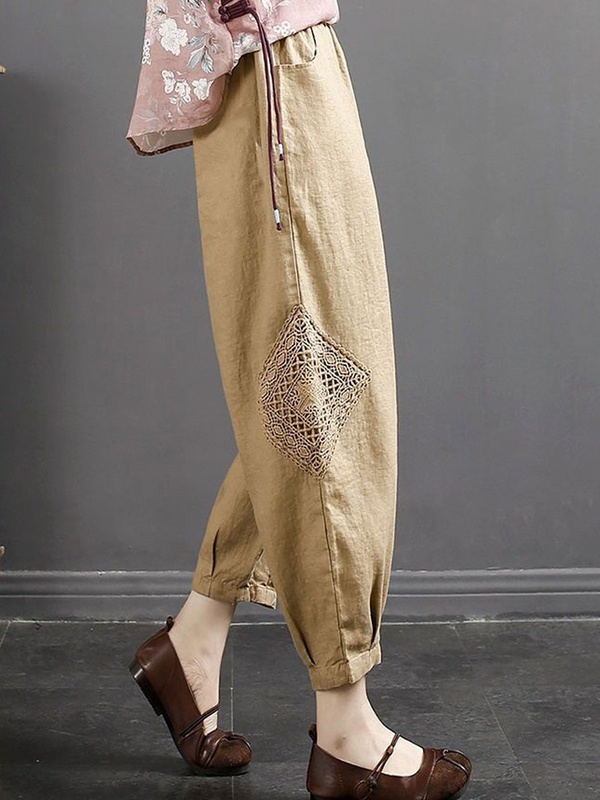 Casual Loose Lace Paneled Cotton And Linen Elastic Waist Pants