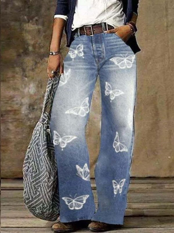 Wide Leg Pants Straight Fit Casual Vintage Floral Print Jeans