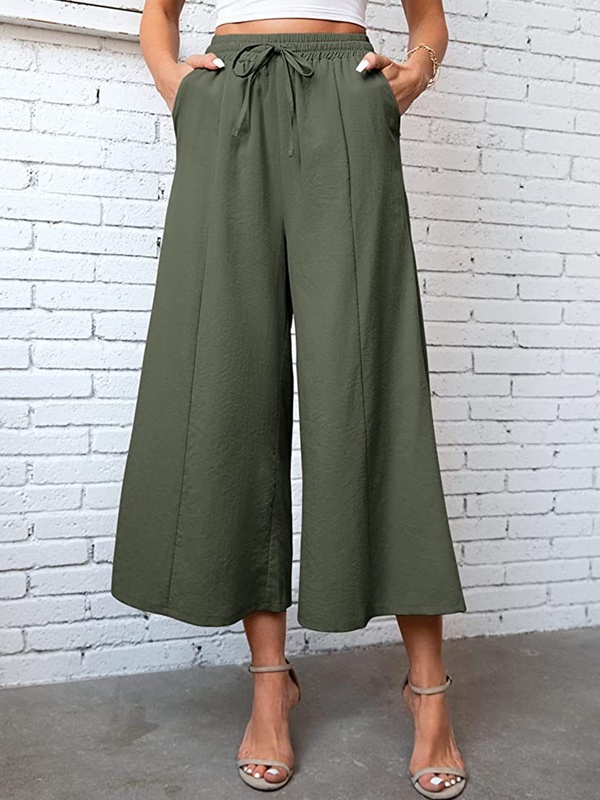 Plain Cotton Linen Loose Casual Drawstring Wide Leg Pants