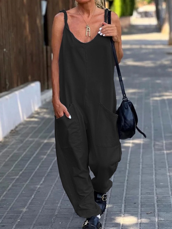 Casual Loose Solid Color Pocket Beach Jumpsuit