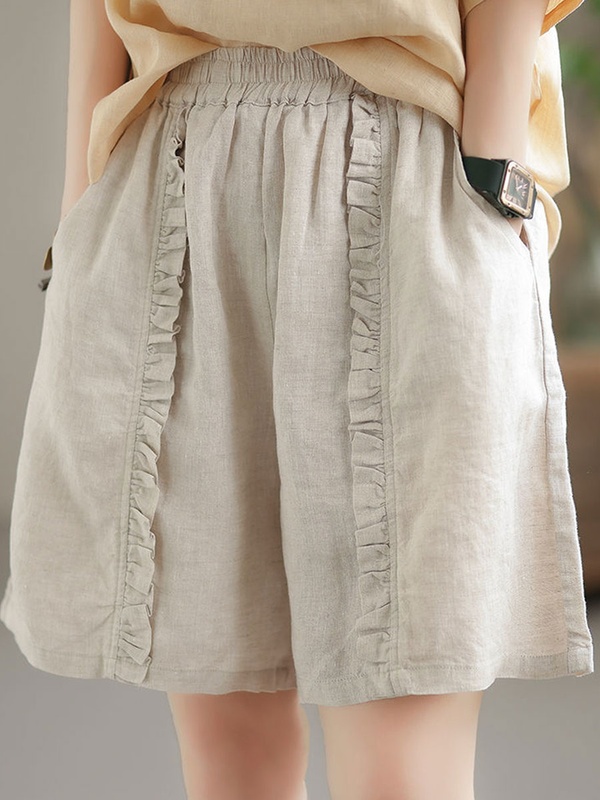 Casual Loose Retro Pleated Cotton And Linen Elastic Waist Shorts