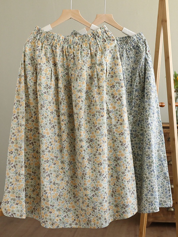 Linen Vintage Loose Floral Print Elastic Waist Skirt