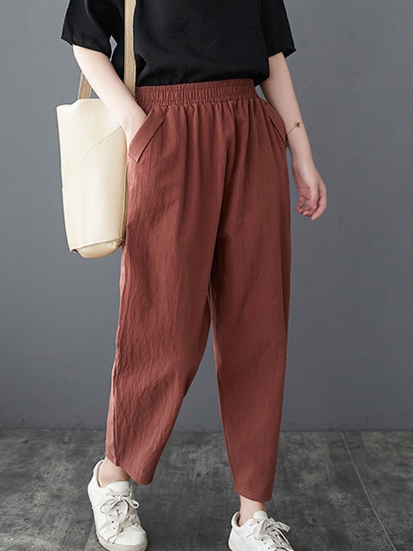 Casual Loose Solid Color Elastic Waist Pants