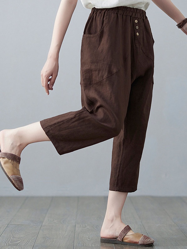 Casual Loose Solid Color Elastic Waist Pants