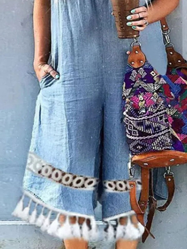 Casual Denim Solid Color Jumpsuit