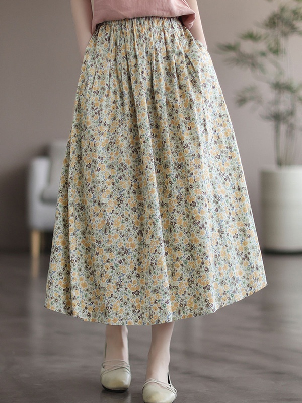 Linen Vintage Loose Floral Print Elastic Waist Skirt