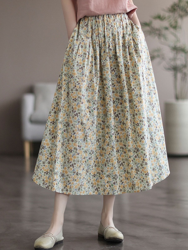 Linen Vintage Loose Floral Print Elastic Waist Skirt