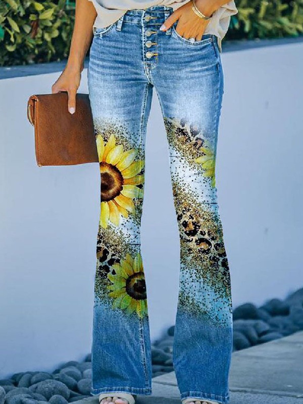 Denim Print Loose Retro Pants