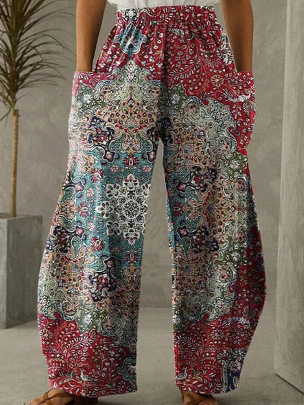 Elastic Waist Vintage Women Printed Loose Pants