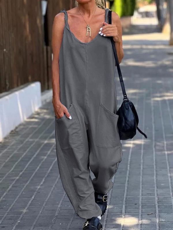 Casual Loose Solid Color Pocket Beach Jumpsuit