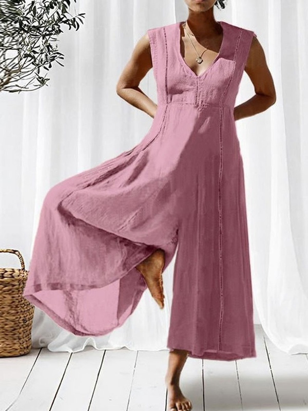 Fashion Casual Loose V neck Long Sleeveless Jumpsuit