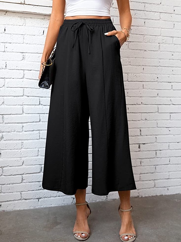 Plain Cotton Linen Loose Casual Drawstring Wide Leg Pants