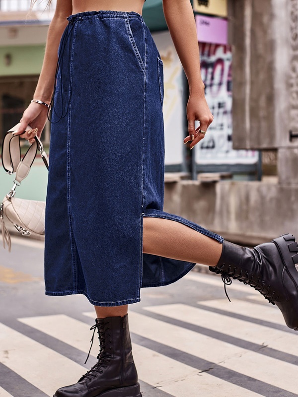 Elasticated Waist Drawstring Denim Midi Skirt