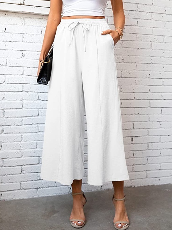 Plain Cotton Linen Loose Casual Drawstring Wide Leg Pants