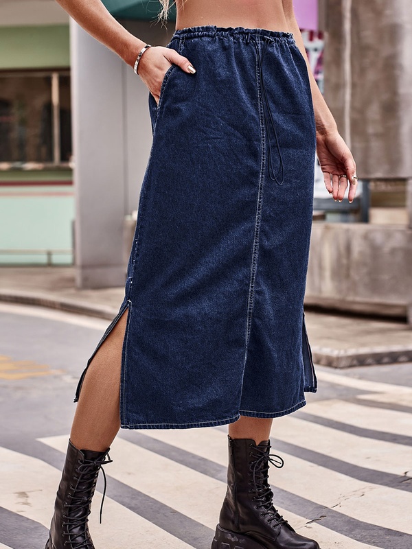 Elasticated Waist Drawstring Denim Midi Skirt