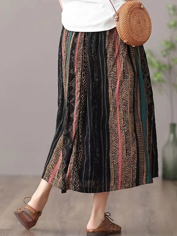 Loose Casual Print Tie Elastic Waist Skirt