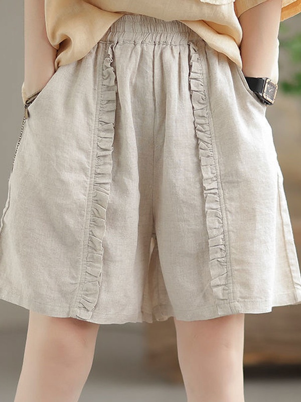 Casual Loose Retro Pleated Cotton And Linen Elastic Waist Shorts