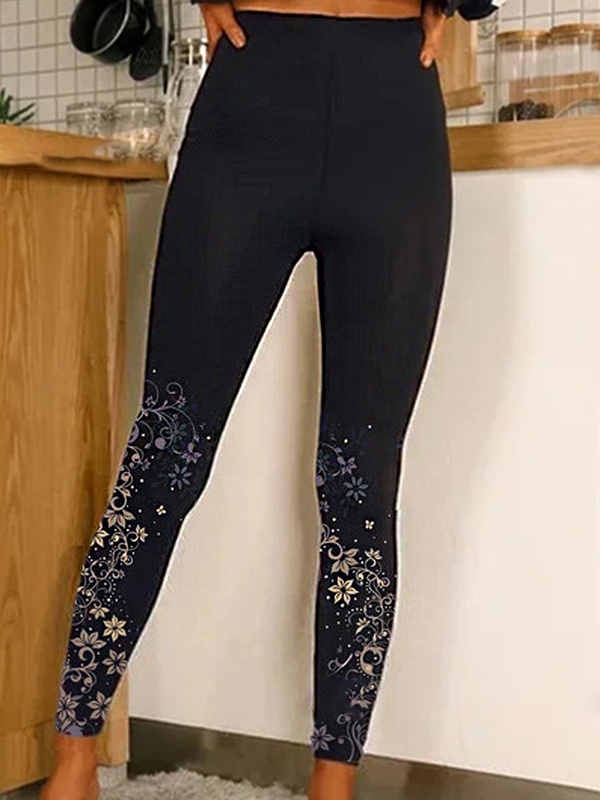 Casual Floral Skinny Elastic Waist Leggings