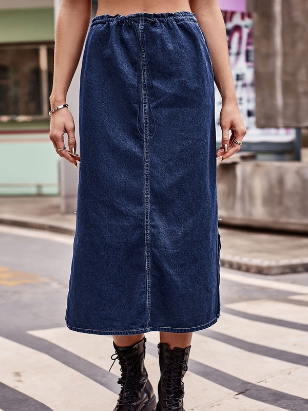 Elasticated Waist Drawstring Denim Midi Skirt