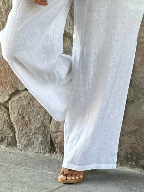 Loose Pocket Drawcord Wasit Casual White Linen Pants