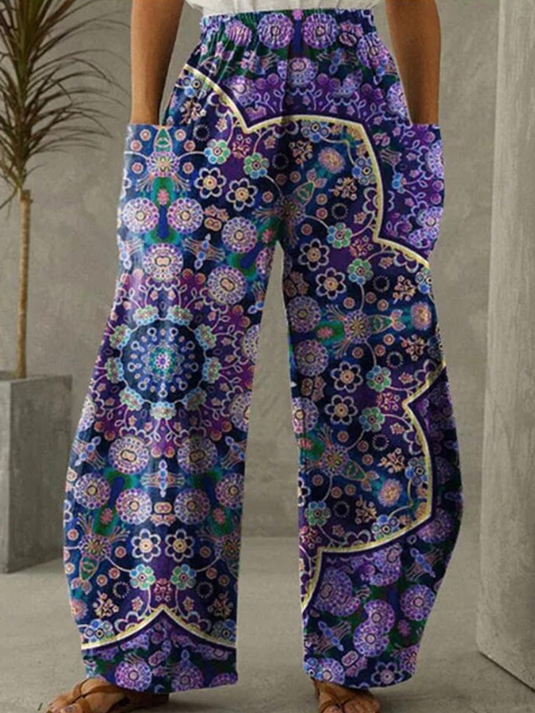 Elastic Waist Vintage Women Printed Loose Pants