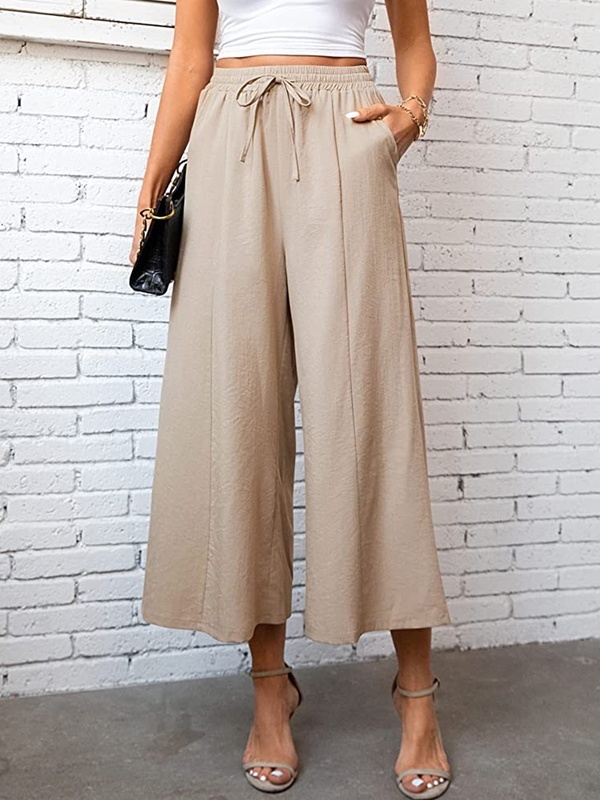 Plain Cotton Linen Loose Casual Drawstring Wide Leg Pants