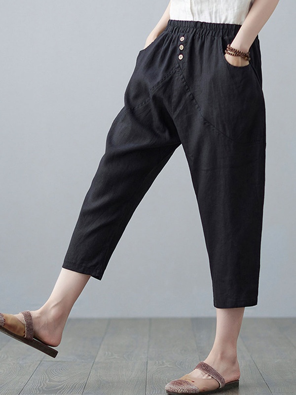 Casual Loose Solid Color Elastic Waist Pants