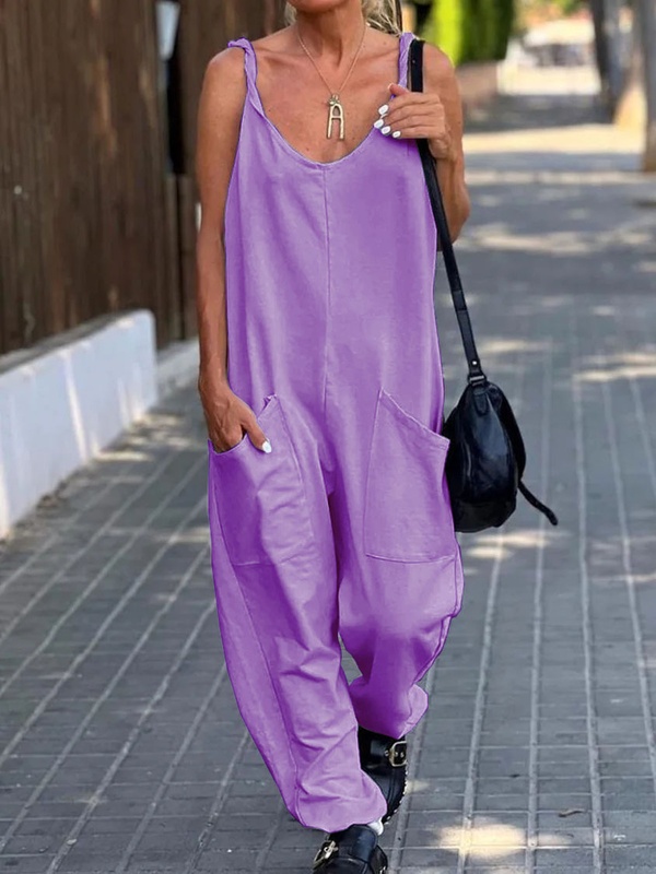 Casual Loose Solid Color Pocket Beach Jumpsuit