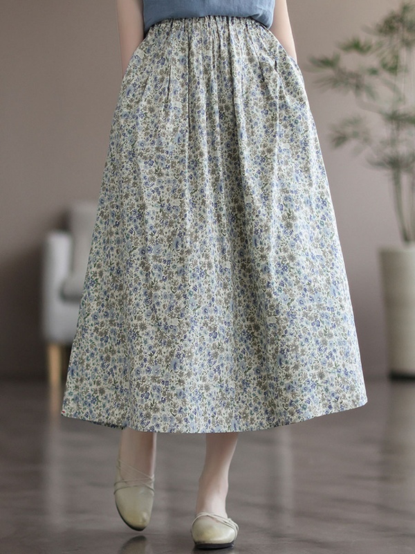 Linen Vintage Loose Floral Print Elastic Waist Skirt