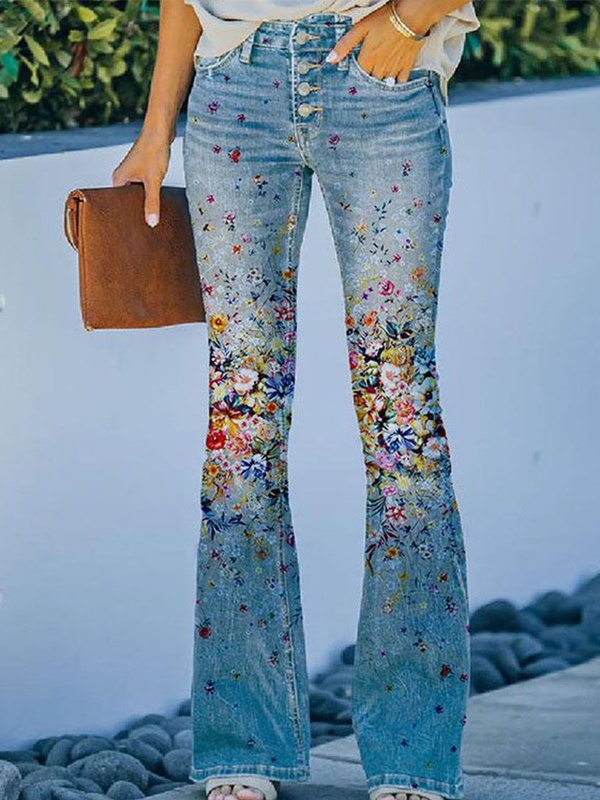 Denim Print Loose Retro Pants