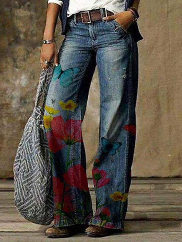 Casual Loose Butterfly Print Jeans