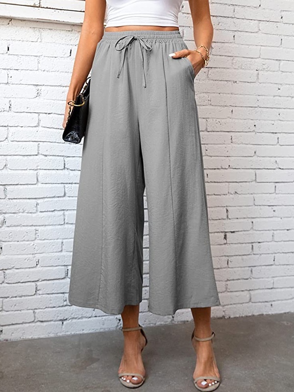 Plain Cotton Linen Loose Casual Drawstring Wide Leg Pants