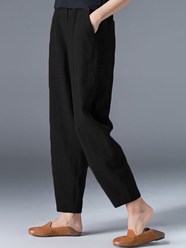 Loose Casual Solid Color Elastic Waist Pants