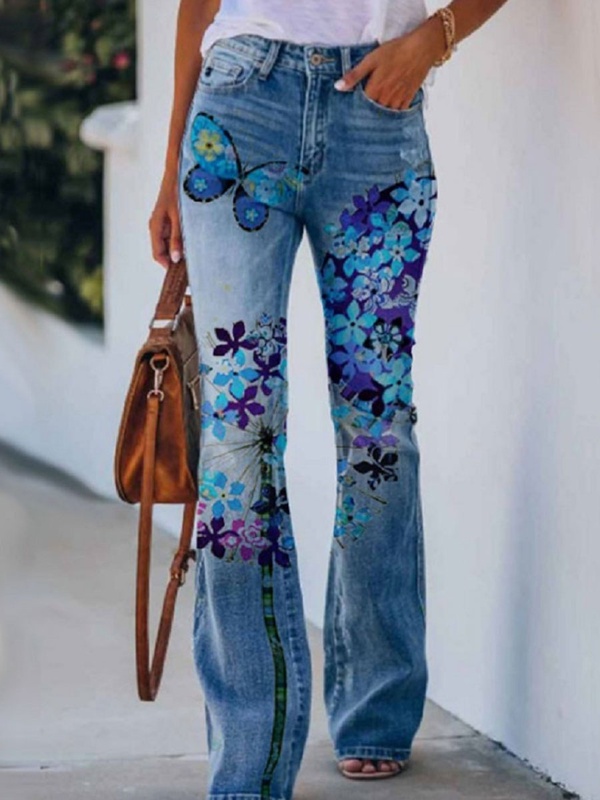 Slouchy Floral Print Flare Jeans