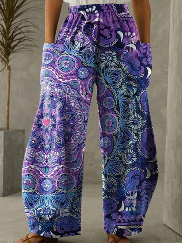 Elastic Waist Vintage Women Printed Loose Pants