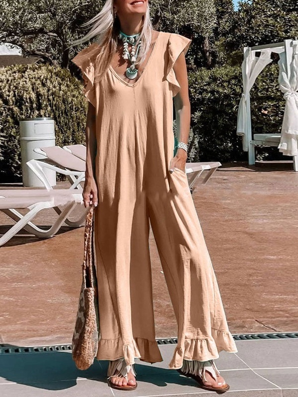 V neck Casual Loose Solid Color Jumpsuit