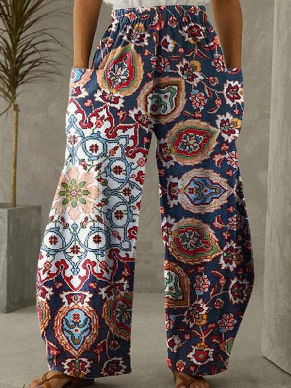 Elastic Waist Vintage Women Printed Loose Pants