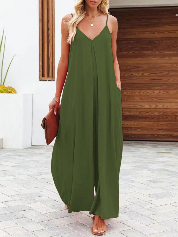 Solid Color Side Pocket Casual Wide leg Suspender Jumpsuit